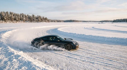 Une voiture de sport dérape en glisse contrôlée sur un circuit tracé sur un lac gelé en Laponie, gerbe de neige derrière les roues.